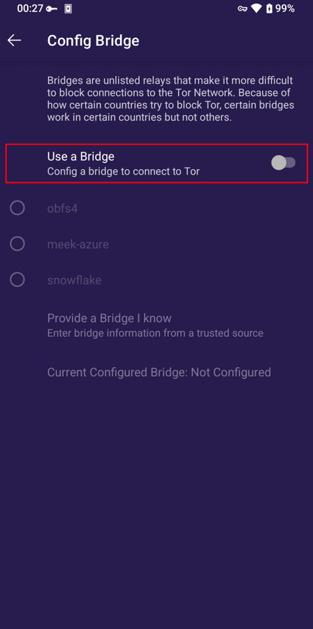 Wähle eine Brücke in Tor Browser für Android