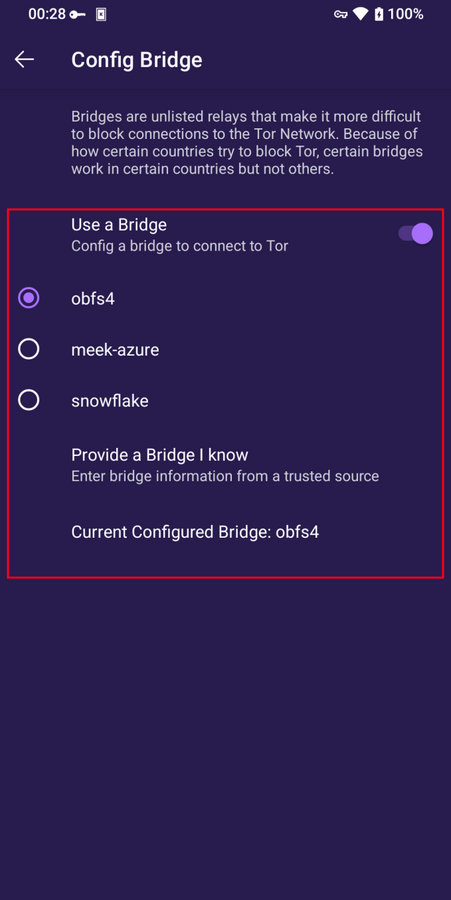 Seleccionou uma ponte no Tor Browser para Android