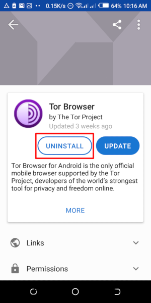 Деинсталиране на Tor Browser за Android под F-Droid