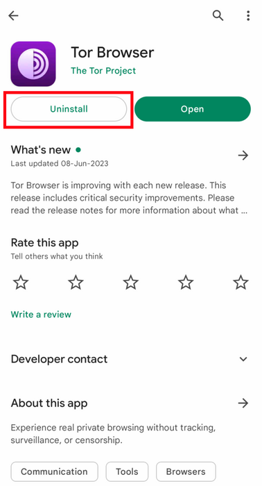 Uninstalling Tor Browser for Android on Google Play