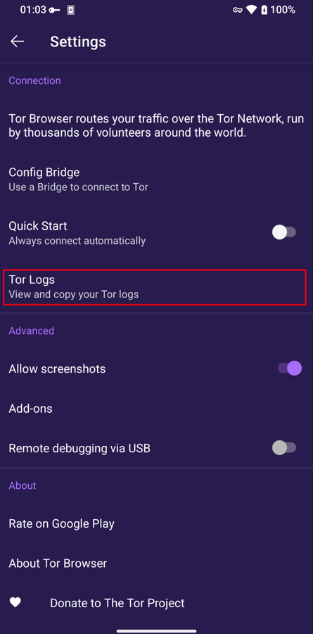 Просмотр журналов Tor в Tor Browser для Android